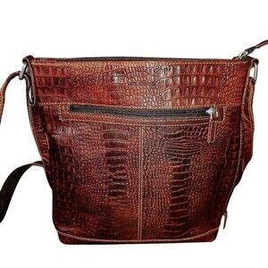 Jack Georges Crossbody Bag Brown Croc Embossed Leather Unisex Concealed Carry